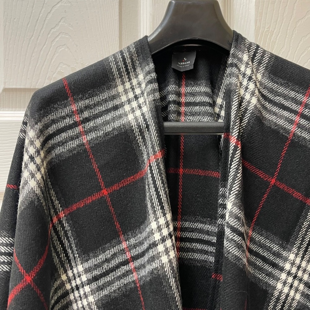 Vintage V.Faas Ruana Poncho Topper Plaid Shawl Wrap Boho Western Fringe Peasant